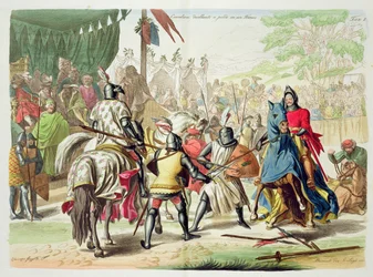 Knights Duelling on Foot in a Tournament, plate 1 from The History of the Nations, engraved by G. Lago