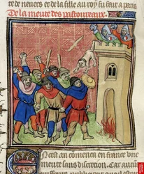 (detail) of a miniature of the Third Crusade of Pastoureaux. Jews throwing their children from a tower