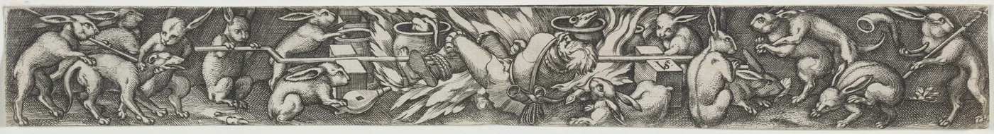 Rabbits Roasting a Hunter and His Dogs
