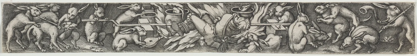 Rabbits Roasting a Hunter and His Dogs