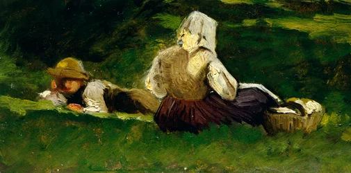 Seated Woman and Boy Lying on the Grass