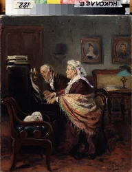 Piano Duet. An elderly couple plays music while reading their sheet music attentively, with a small white dog beside them.