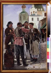 Kvass seller (Kwass). A fermented, sparkling, slightly alcoholic and popular beverage, nicknamed bread beer, the Russian national drink - Vladimir Yegorovich Makovsky (Makovsky, Makovskij) (1846-1920)