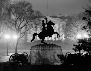 Andrew Jackson Monument in Lafayette Square, White House behind, Washington By Night