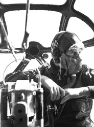 Gunner in the nose of a B-17 during training at MacDill Field in WWII