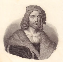 Portrait of Italian poet Antonio Tebaldeo, copper engraving from painting by Raphael