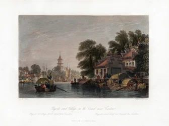 Pagoda and Village, on the Canal near Canton, China, c1840