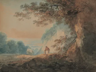 Landscape, Tree in Right Foreground Cart and Figures of Woman and Child