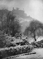 Edinburgh Castle in the snow, from Princes Street Gardens, Scotland