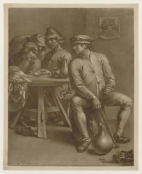 Four singing men in a peasant cottage