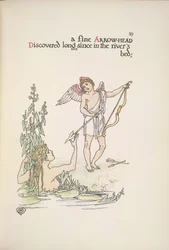 An angel holding an arrow, and a lady in a river or lake