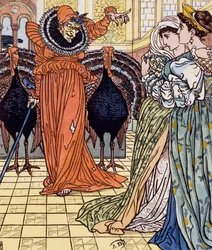 Apparition of a witch accompanied by two peacocks, engraving from a drawing by Walter Crane (1845-1915)