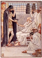 He drank the contents as though it were a draught of wine, illustration from The Story of Greece by Mary Macgregor, 1st edition, 1913