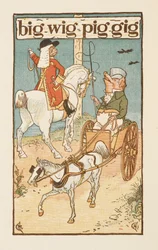 Rhyming words ending in the letter G. An illustration showing a pig riding a horse, and another driving a cart. The Golden primer