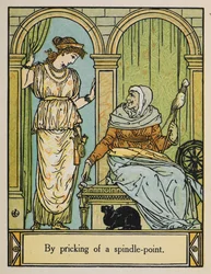 Sleeping Beauty stands next to an old woman with a spinning wheel and thread. A black cat sits underneath