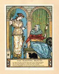 The Princess learns to spin, from The Blue Beard Picture Book, pub. 1879 colour lithograph, 1879