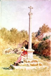 Figures by a Memorial Cross
