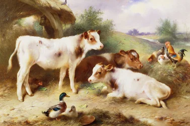 Calves and Poultry by a Byre