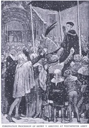 Coronation procession of Henry V arriving at Westminster Abbey 1413