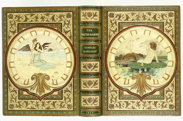 Book covers, a baby on a plant on water and a baby with a woman on a beach within scallop-shaped panels and seaweed borders