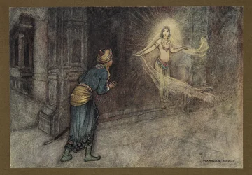 He saw a beautiful woman coming out of the palace, from 