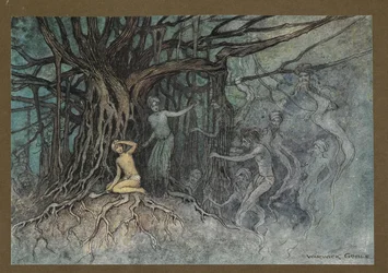 Plate 19: The moment the first stroke was given, a great many ghosts rushed towards the Brahman, from Folk-Tales of Bengal