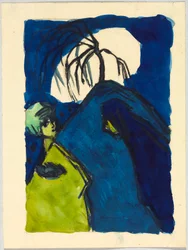 Two Figures in Front of Hill with Tree and White Cloud; Encounter
