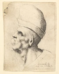 Bust of a Deformed Man Wearing a Bulbous Hat in Profile to the Left