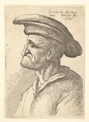 Bust of elderly man with nose that meets his lower lip, wearing wide flat cap in profile, 1665