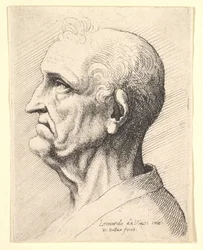 Head of an Old Man with Tufts of Curly Hair Around Ear in Profile to Left, 1644-52