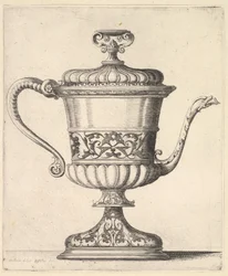 Jug with lid, engraved with arabesque pattern, the narrow spout to right ending in snake