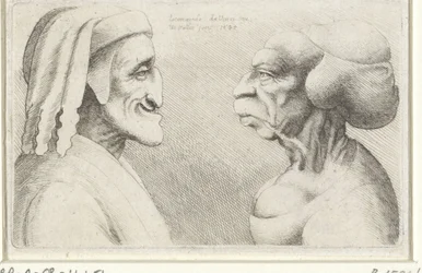 Deformed Caricature Heads of a Man with Cap (Dante?) and Woman