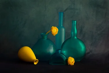 Teal Bottles Yellow Flowers