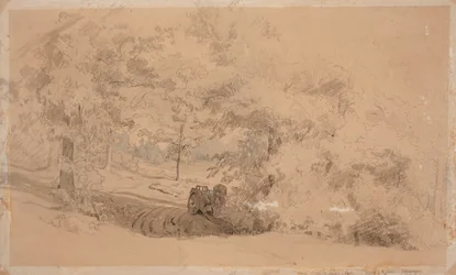 Forest Landscape with Horse and Cart; Forest Landscape, Man Fishing on a Bridge (Double-sided Work)