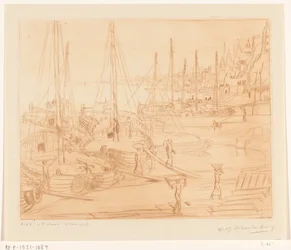 Moored ships on the banks of the Ganges in Benares - Ships unloading II (original title)