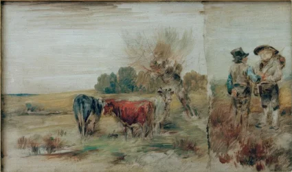 Double Image: Cows in the Pasture, Two Farmers in Conversation