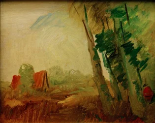 Red House in the Field in Front of Forest Edge on the Right