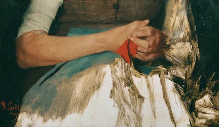 Two Hands with Red Cloth on Blue Apron