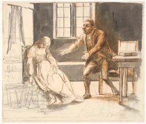 A Man Reaches Out to a Woman Who Has Fainted in a Chair