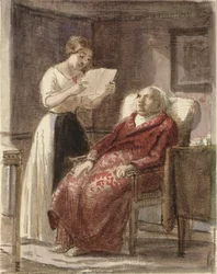 A Young Girl Reading a Letter Aloud to an Old Man in a Red Dressing Gown