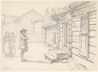 Street in Orsa, Dalarna, with Two Women on the Left and a Child and a Man