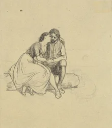 Couple in National Costumes Sitting on a Log