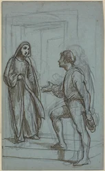 Woman comes out of a door and a young man receives her