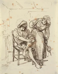 Girl Looking at a Young Fisherman Sitting on a Chair