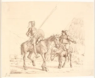 Sancho on the donkey explaining something to Don Quixote