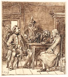 Scene from the Lying-in Room. Corfitz Drinks Rhine Wine with the Officer and Jens Olsen