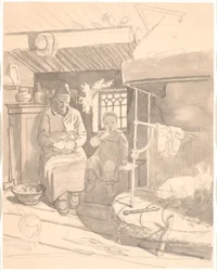 Swedish Farmhouse with Old Woman and Child