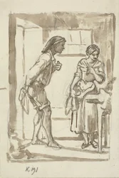 Young Fisherman Entering the Door to a Young Girl