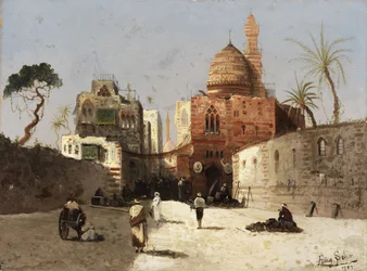 Oriental Street Scene with Mosque, Minaret, and Merchants on a Forecourt