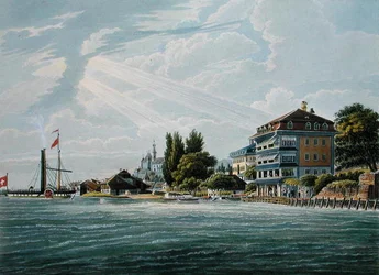 Bellevue Hotel and Pension on the Lac de Thoune, engraved by Bodmer